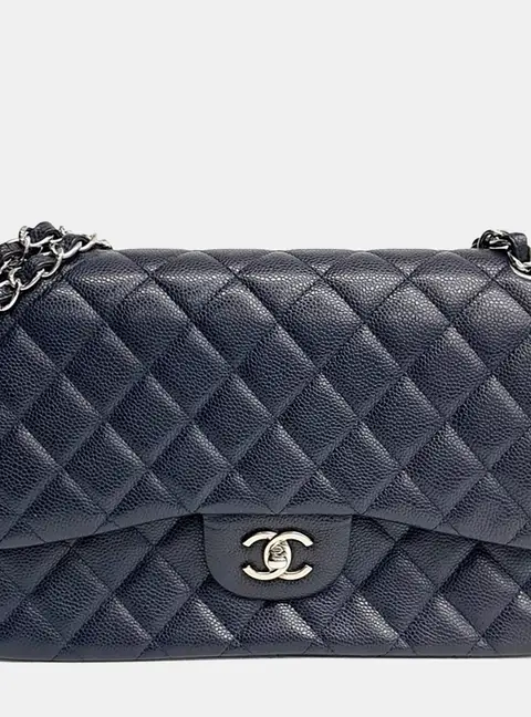 Chanel Classic Jumbo Navy Blue Caviar Leather Shoulder Bag