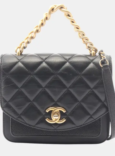 Chanel Mini Quilted Aged Black Calfskin Caviar Chain Handle Flap Shoulder Bag