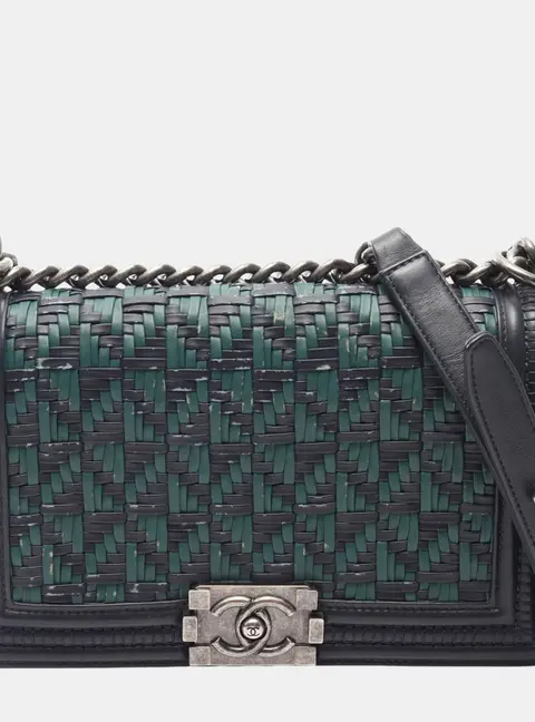 Chanel Boy Old Medium Navy Green Woven Calfskin Leather Shoulder Bag