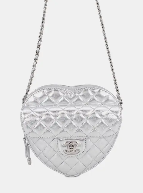 Chanel Heart Shape Mini Metallic Silver-tone Lambskin Leather Shoulder Bag