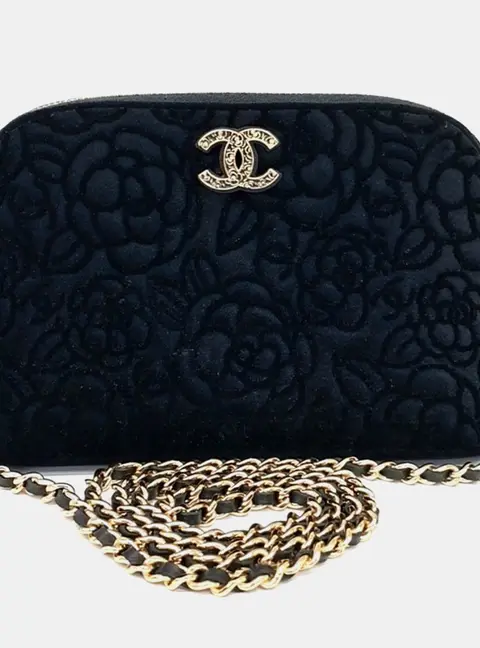 Chanel Black Velvet Camellia Chain Crossbody Bag