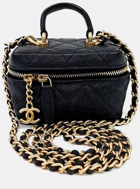 Chanel Black Leather Caviar Top Handle Vanity Mini Chain Crossbody Bag