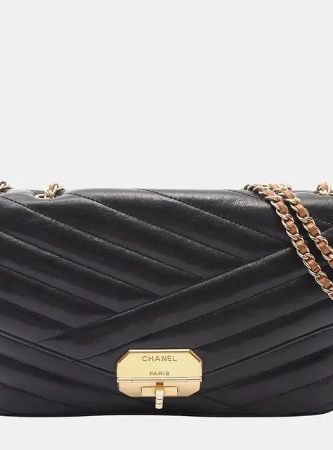 Chanel Gabrielle Flap Medium Black Chevron Quilted Lambskin Leather Shoulder Bag
