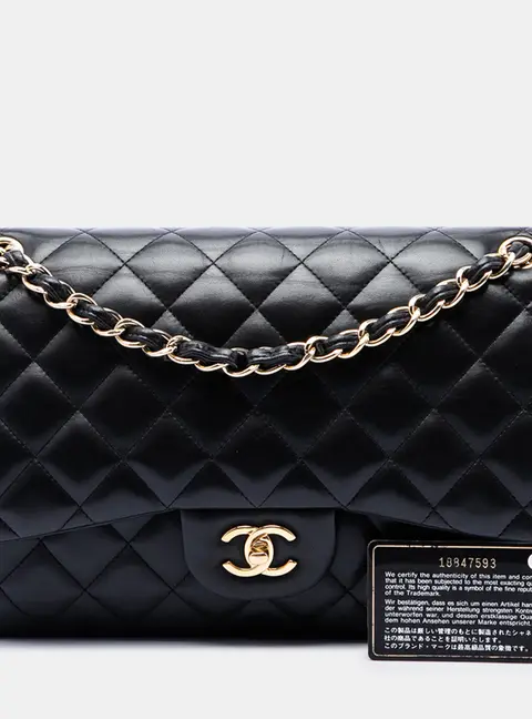 Chanel Jumbo Classic Flap Black Lambskin Gold Hardware Double Flap Shoulder Bag