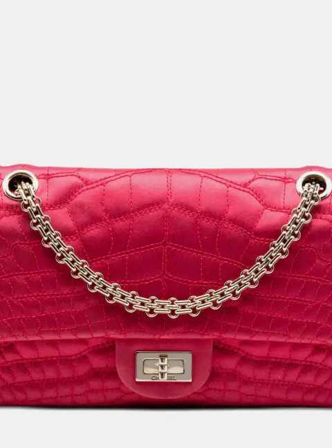 Chanel Reissue 2.55 Double Flap 225 Pink Croc Quilted Satin Shoulder Bag