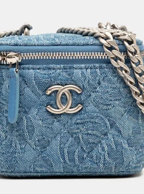Chanel Mini Quilted Denim Camellia Sweetheart Vanity Case Blue Denim Crossbody Bag