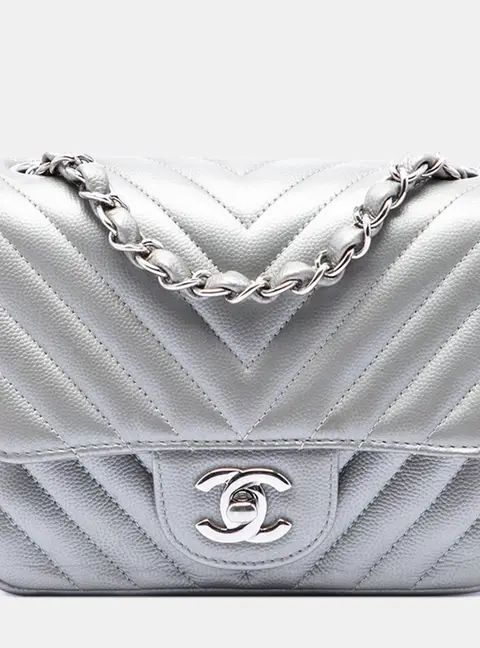 Chanel Mini Square Classic Chevron Caviar Single Flap Silver Crossbody Bag