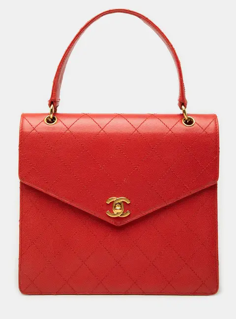 Chanel CC Quilted Caviar Turnlock Envelope Flap Red Caviar Leather Top Handle Bag