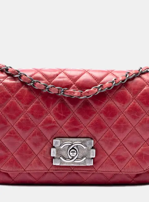Chanel Soft Boy Red Quilted Glazed Calfskin Leather Flap Bag