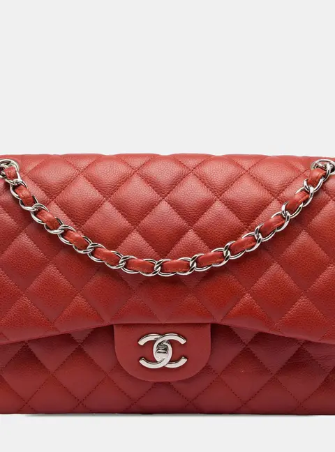 Chanel Classic Jumbo Red Caviar Grained Double Flap Shoulder Bag