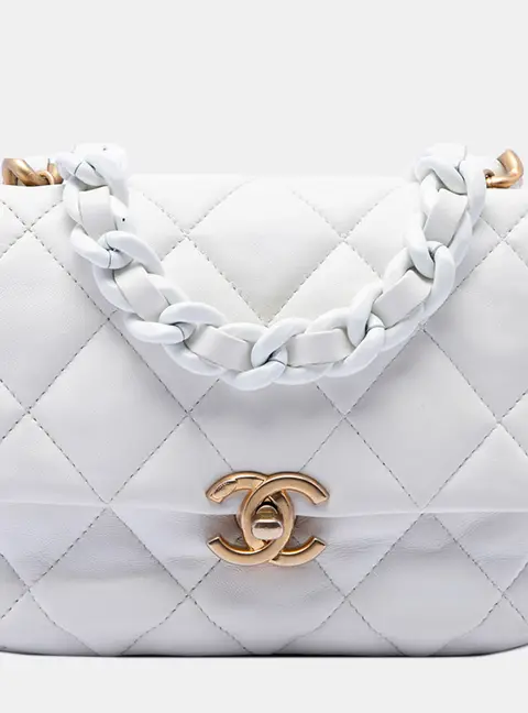 Chanel Mini Quilted Lambskin Lacquered Chain Flap White Crossbody Bag