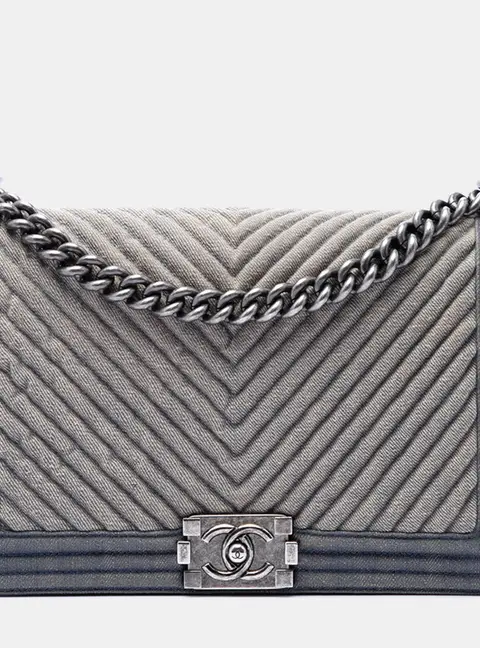 Chanel Old Medium Chevron Denim Boy Flap Grey Denim Shoulder Bag