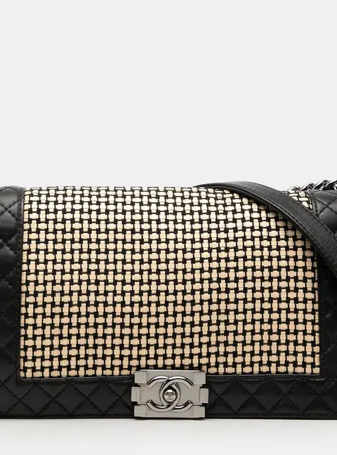 Chanel Boy Reverso Medium Black Cream Woven Calfskin Shoulder Bag