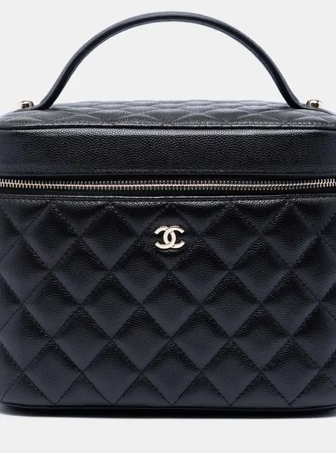Chanel Medium CC Quilted Caviar Vanity Case Black Grained Calfskin Leather Top Handle Bag