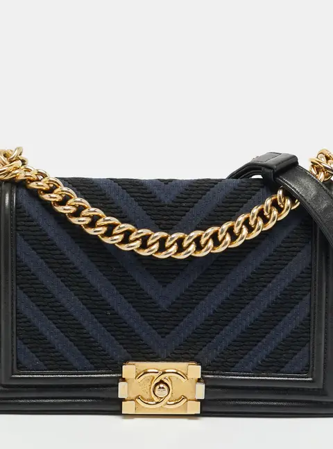 Chanel Boy Medium Black/Navy Blue Chevron Fabric and Leather Flap Bag