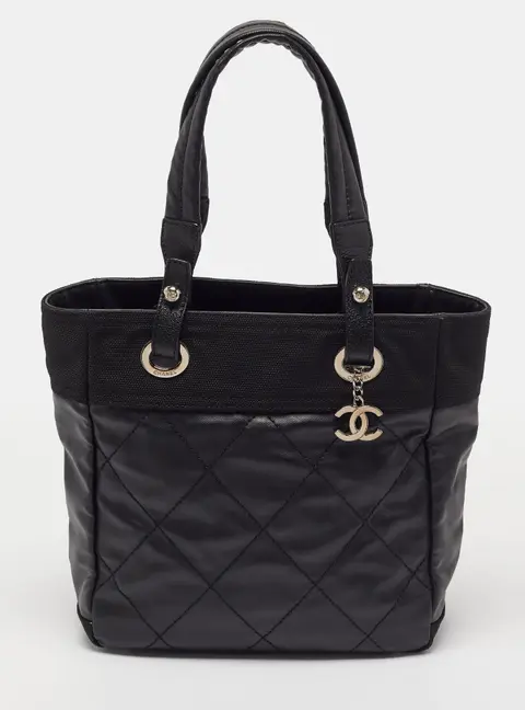 Chanel Biarritz Paris Black Quilted Coated Canvas Tote