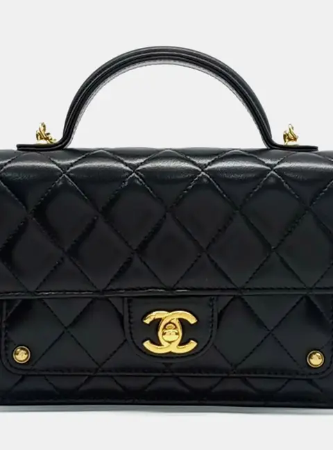 Chanel Top Handle Mini Black Lambskin Leather Top Handle Bag