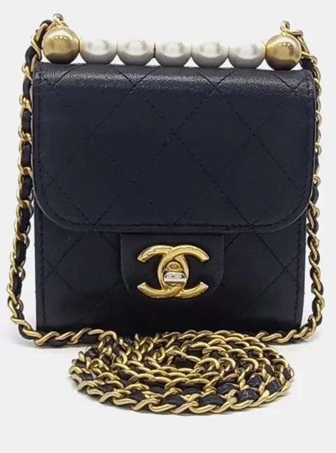 Chanel Pearl Chain Mini Black Quilted Lambskin Leather Crossbody Bag
