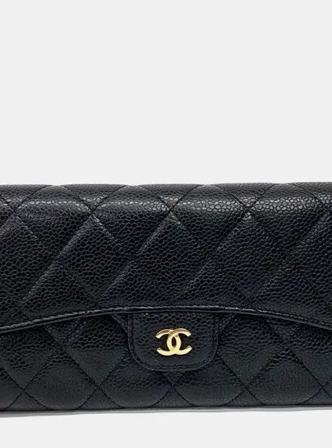 Chanel Classic Black Quilted Caviar Leather Flap Wallet Bag