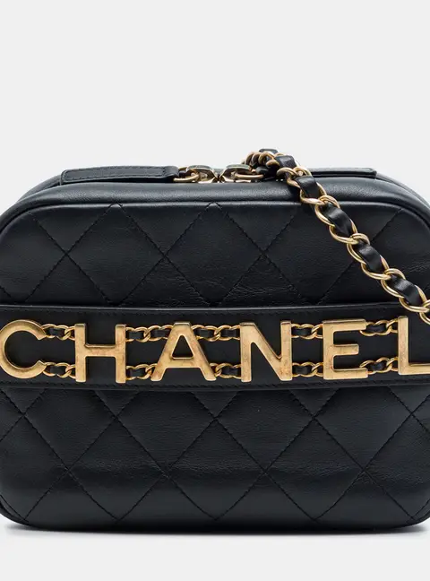 Chanel Logo Enchained Small Black Quilted Calfskin Camera Shoulder Bag
