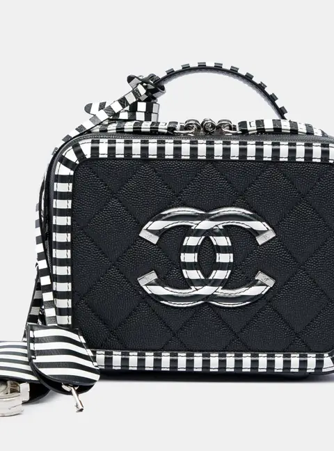 Chanel CC Filigree Striped Small Black White Grained Calfskin Leather Vanity Case Shoulder Bag
