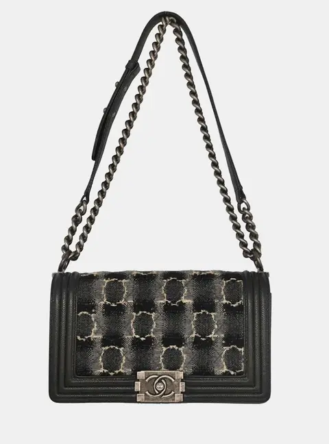 Chanel Boy Medium Black Grey Tweed Calfskin Leather Shoulder Bag