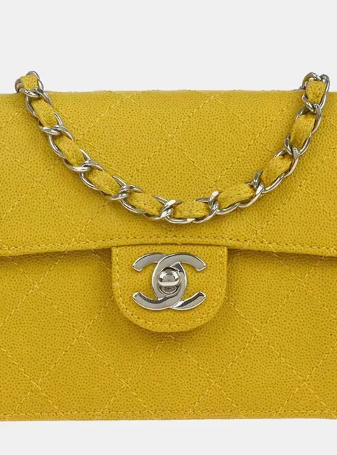 Chanel Mini Classic Square Flap Yellow Caviar Leather Shoulder Bag