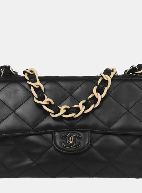 Chanel Elegant Chain Black Lambskin Leather Single Flap Shoulder Bag