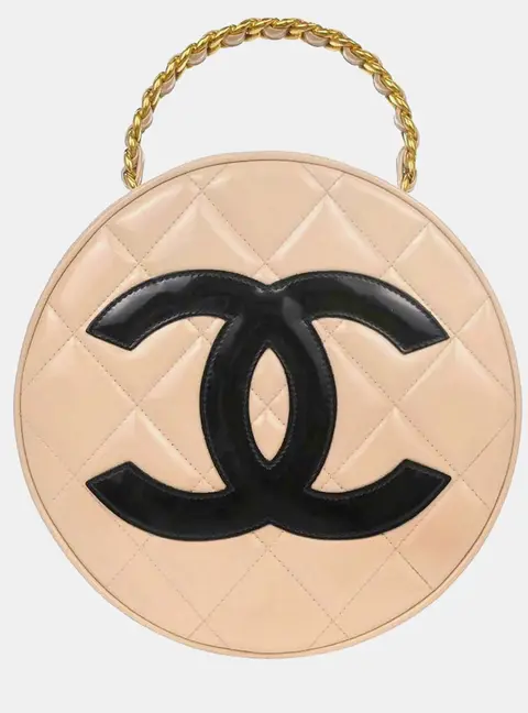 Chanel Vintage Quilted Round Beige Patent Leather Top Handle Bag