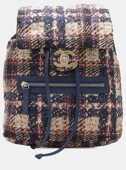 Chanel CC Nylon Tweed Printed Medium Blue Pink Nylon Drawstring Backpack Bag