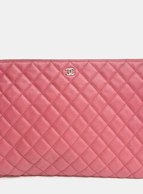 Chanel Quilted Large Pink Caviar Leather Clutch Bag