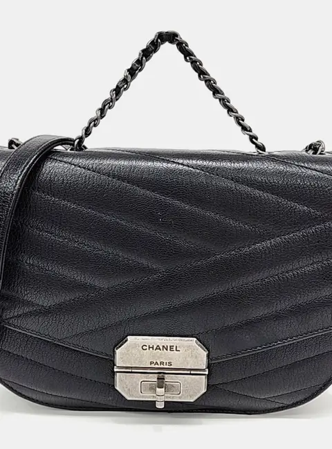 Chanel Black Grained Calfskin Leather Top Handle Bag