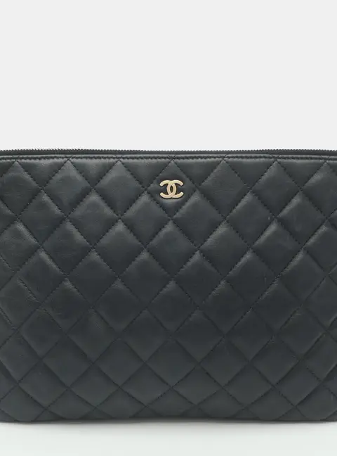 Chanel O Case Navy Blue Quilted Leather Pouch Clutch