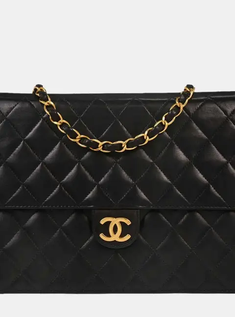 Chanel Vintage Pushlock Medium Half Flap Bag Black Lambskin Gold Plated Shoulder Bag