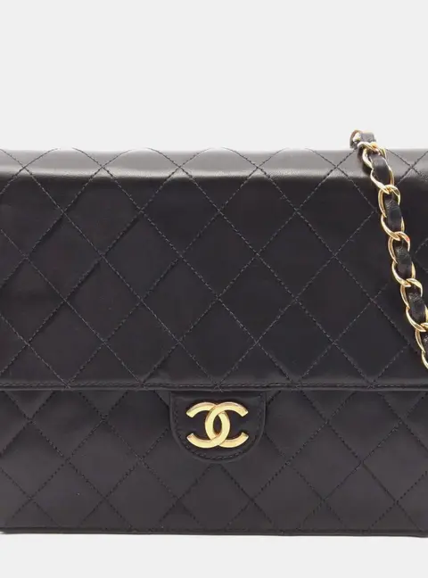 Chanel Matelasse Single Flap Push Lock Black Lambskin Leather Shoulder Bag
