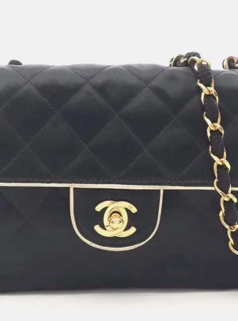 Chanel Classic Mini Square Black Quilted Satin Gold Piping Single Flap Bag