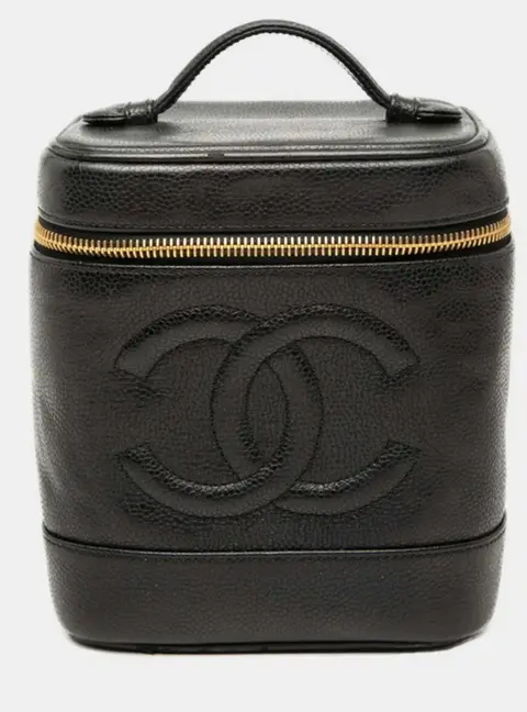 Chanel Vintage Timeless Vertical Caviar Vanity Case Black Caviar Leather Top Handle Bag
