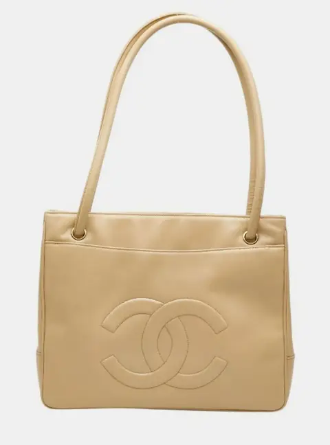 Chanel Large Coco Mark Stitched Tote Beige Lambskin Leather Shoulder Bag