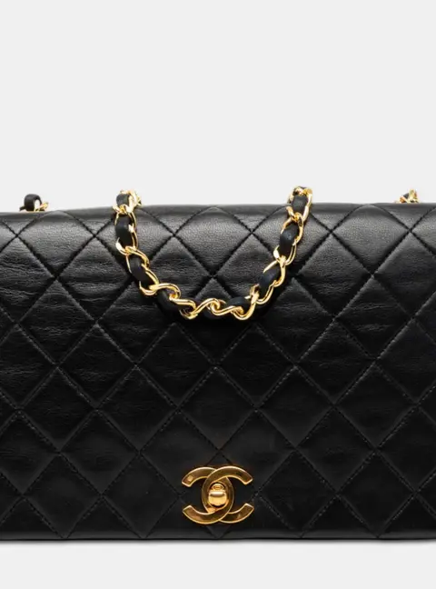 Chanel Vintage Quilted Full Flap Medium Black Lambskin Leather Shoulder Bag