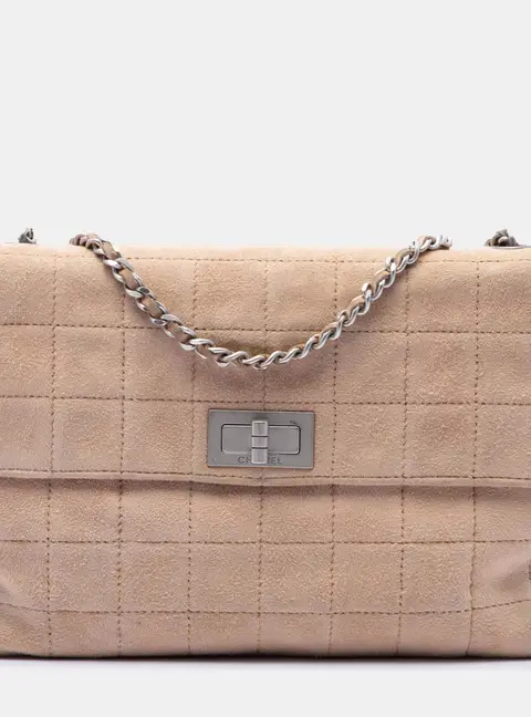 Chanel Choco Bar Suede Mademoiselle Turnlock Flap Medium Beige Suede Shoulder Bag