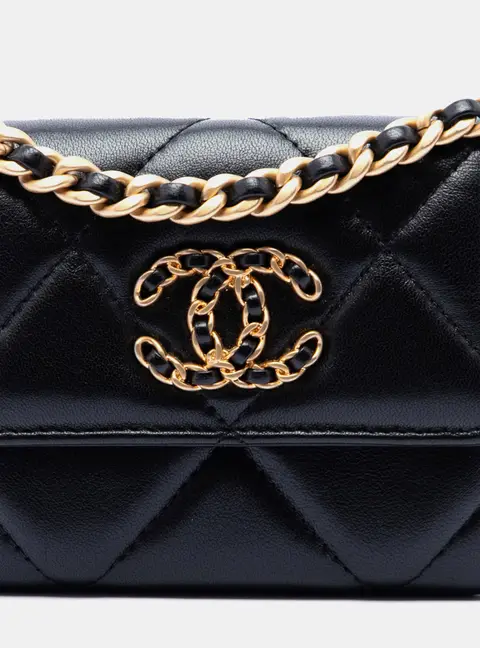 Chanel 19 Flap Coin Purse With Chain Quilted Black Lambskin Pouch Bag