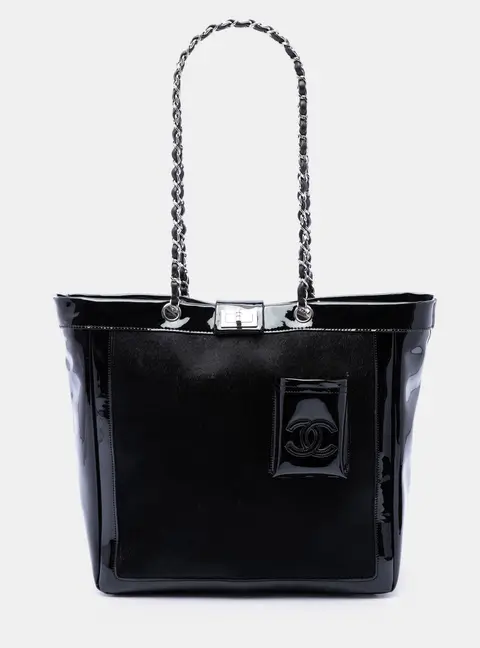 Chanel Mademoiselle Large Black Pony Hair Patent Leather Tote Bag