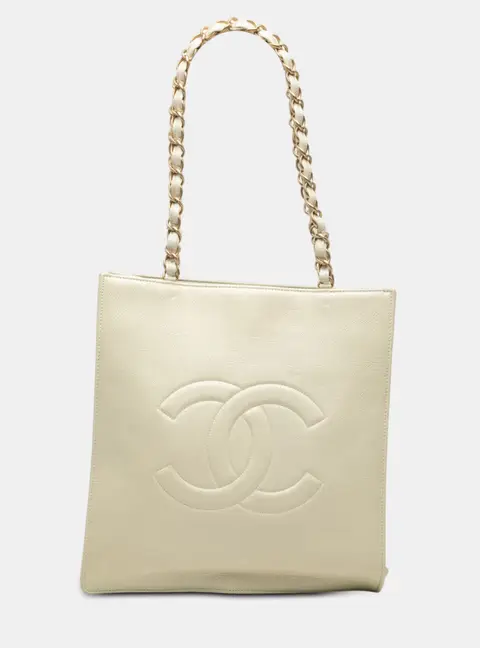Chanel Shiny Aged Calfskin North South Ivory Calfskin Leather Tote Bag