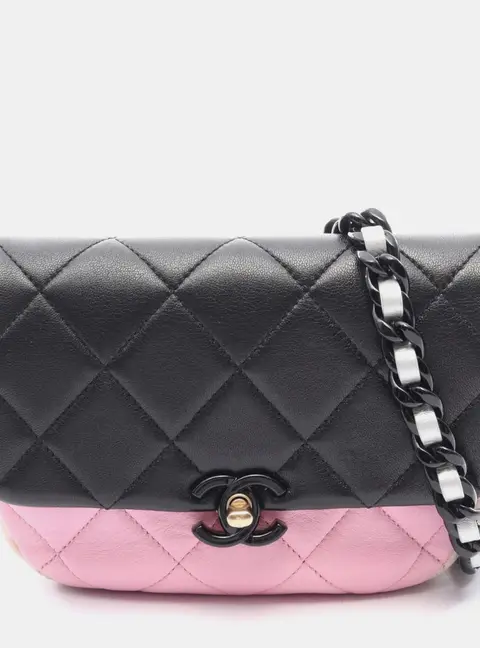 Chanel Mini Lacquered Chain Flap Black Pink Beige Lambskin Leather Shoulder Bag