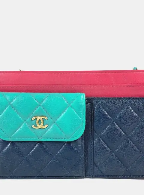 Chanel 2020 Cruise Tricolor Multi-Pocket Navy Pink Green Quilted Goatskin Leather Wallet On Chain Bag