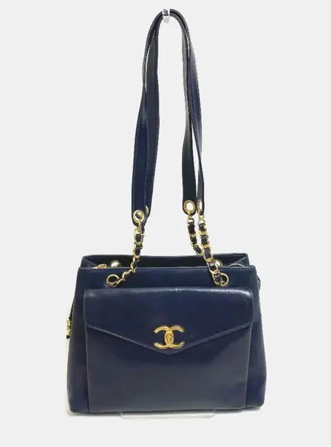 Chanel Vintage CC Turnlock Front Pocket Navy Lambskin Leather Shoulder Tote Bag