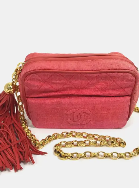 Chanel CC Mark Fringe Tassel Small Red Canvas Shoulder Bag