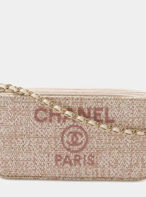 Chanel Deauville Small Pink Tweed Double Zip Clutch with Chain Bag