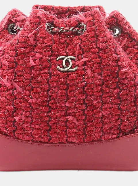 Chanel Small Gabrielle Red Tweed Smooth Leather Backpack Bag