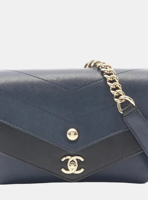 Chanel Chevron Double Envelope Blue Black Calfskin Leather Flap Bag